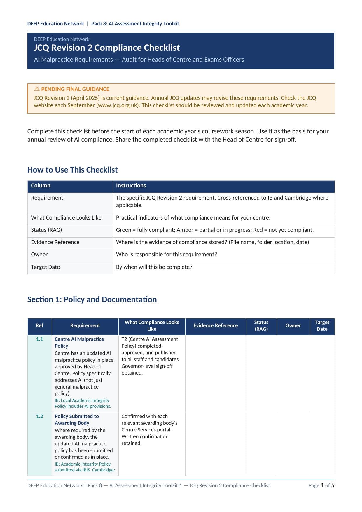 Preview of JCQ Revision 2 Compliance Checklist