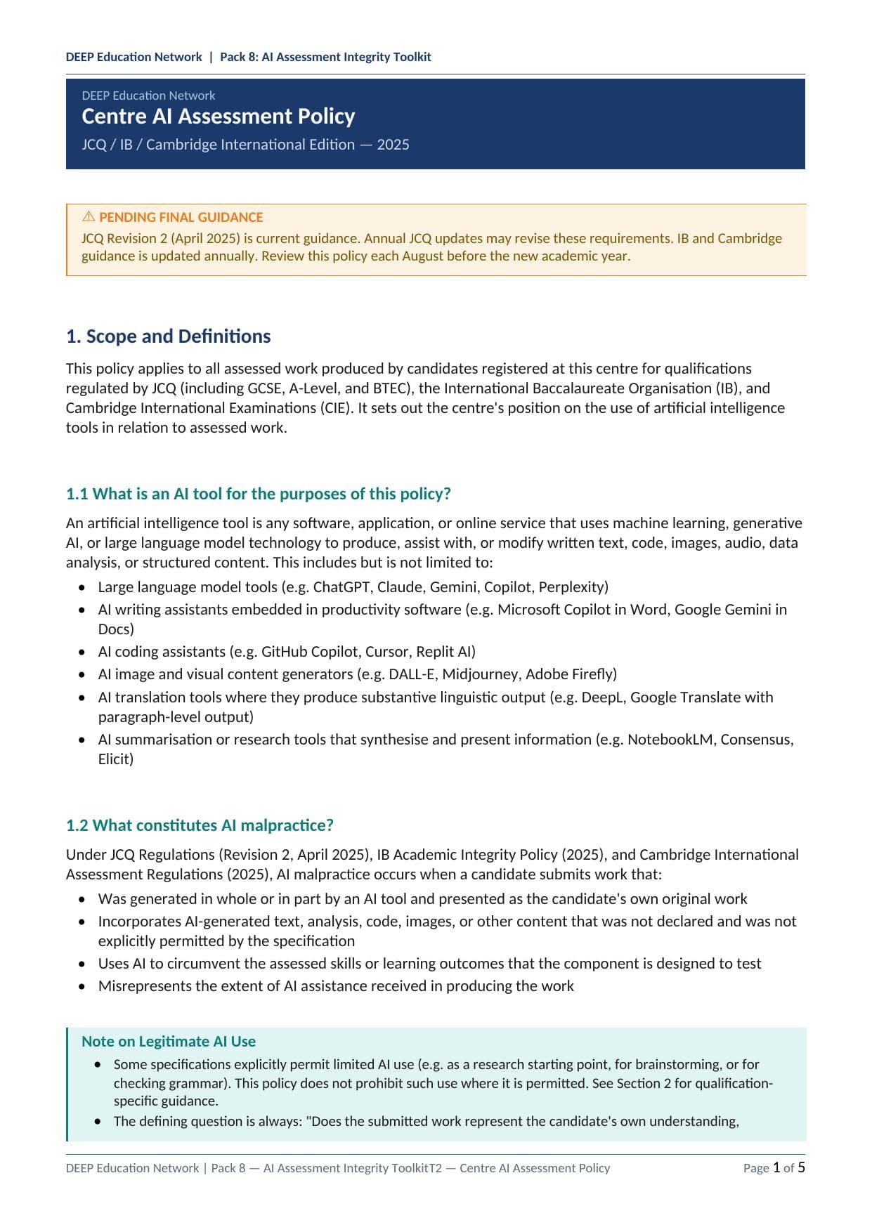 Preview of Centre AI Assessment Policy