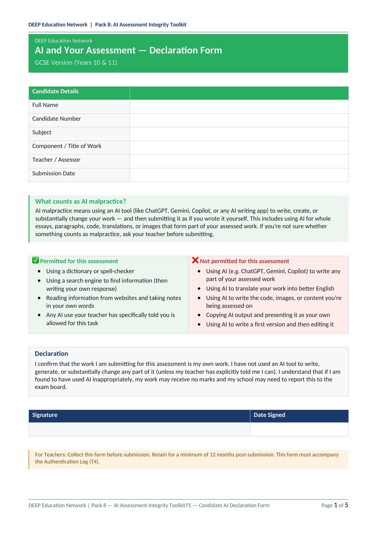 Preview of Candidate AI Declaration Form
