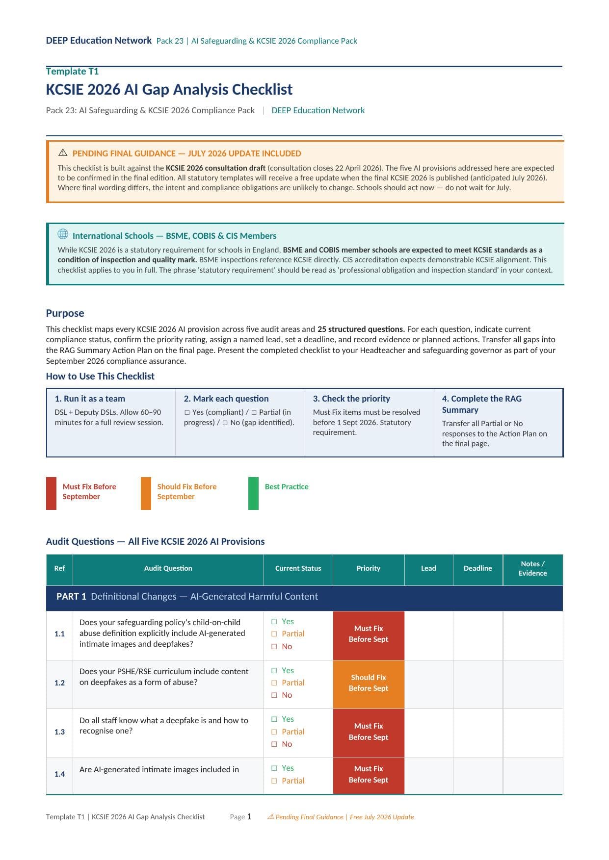 Preview of KCSIE 2026 Gap Analysis Checklist