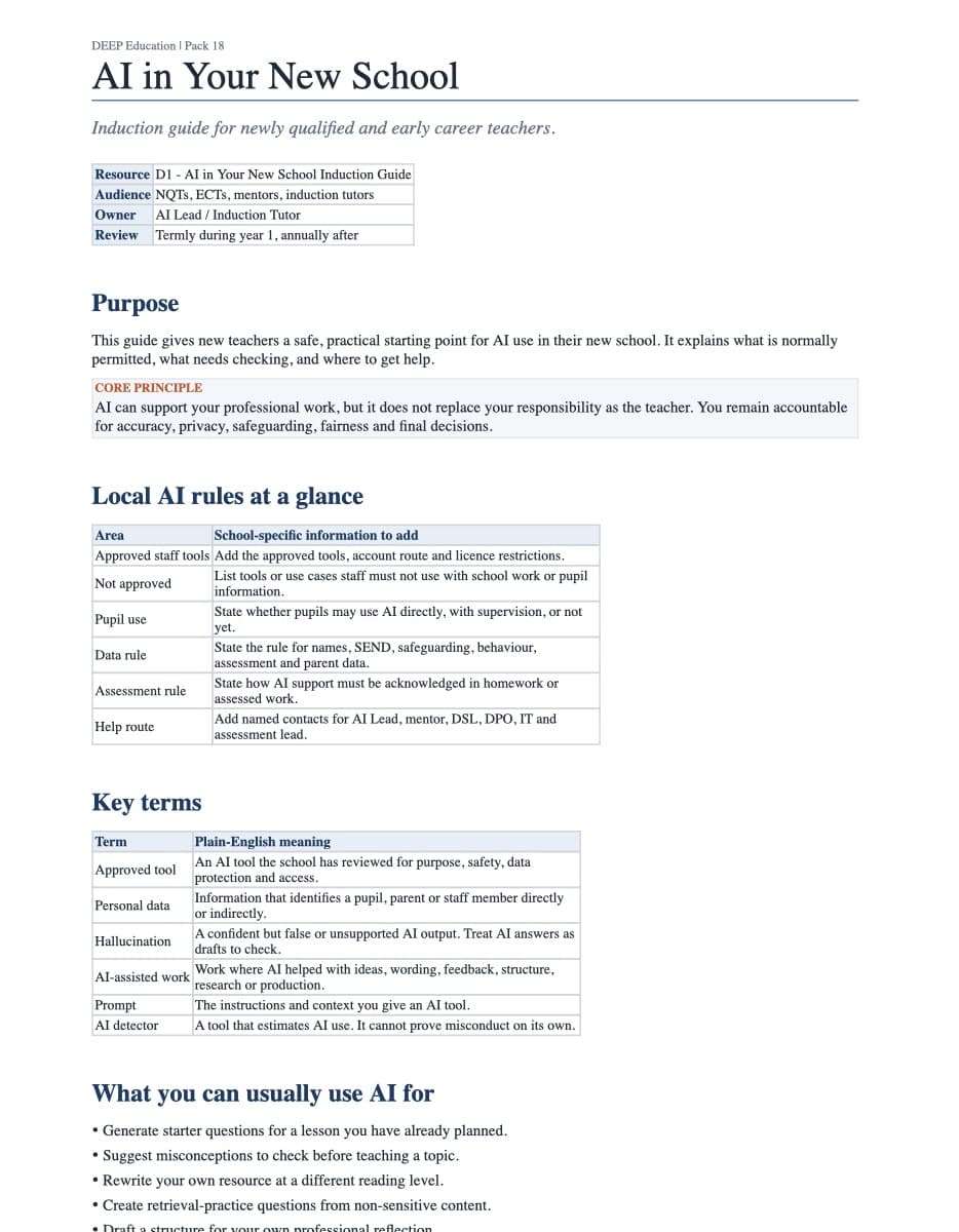 Preview of AI In Your New School Induction Guide