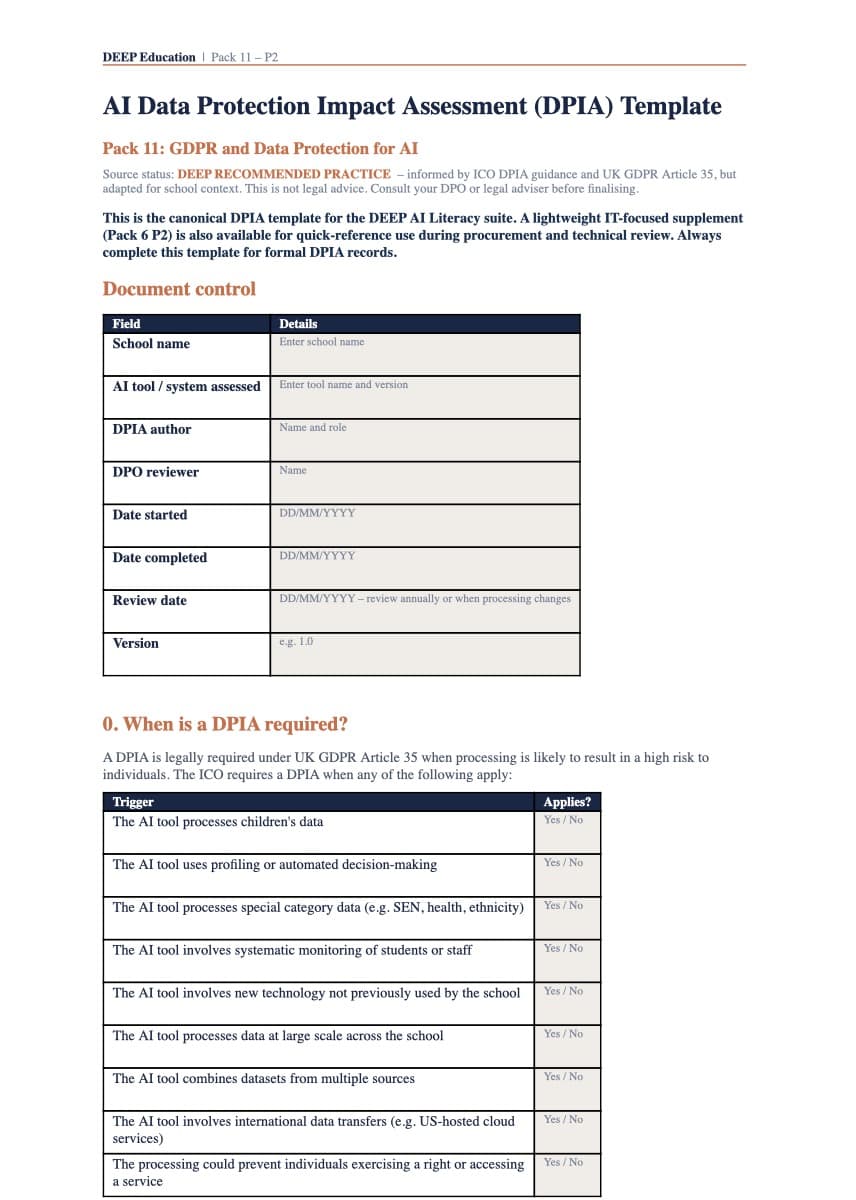 Sample page from AI DPIA Template