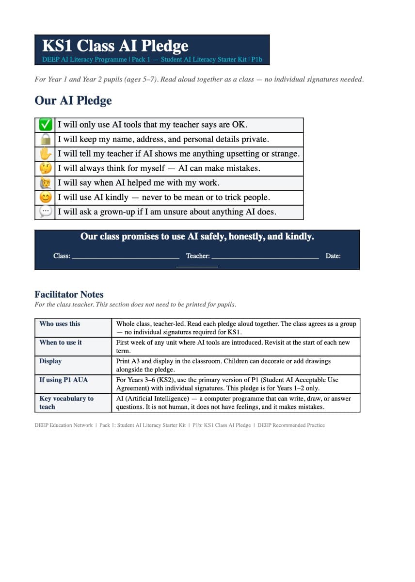 Sample page from KS1 Class AI Pledge